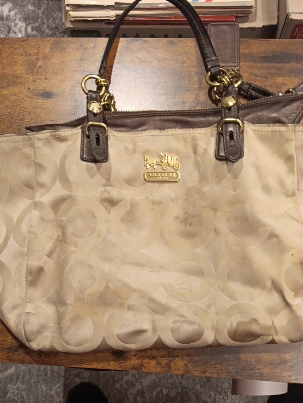 COACH Mia Op Art Sateen Large Tote Bag - Beige Khaki & Metallic Brown Trim 15758